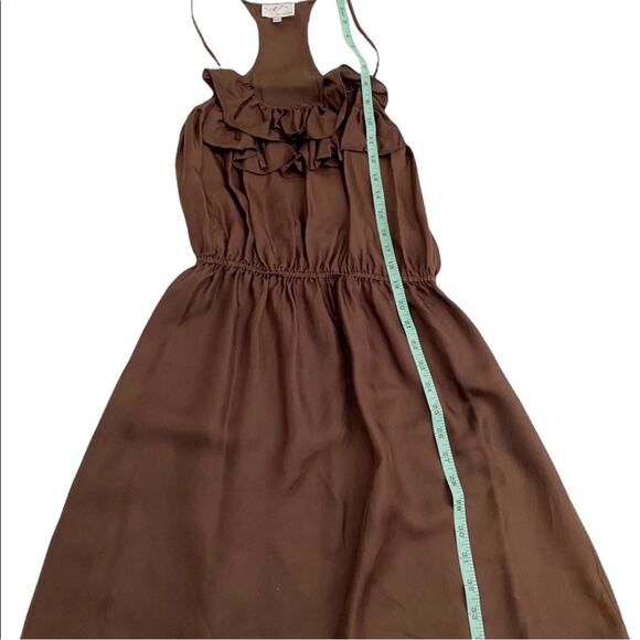 WM New York Design Brown Silk Ruffle Front Dress, Size Petite Small - Picture 7 of 13